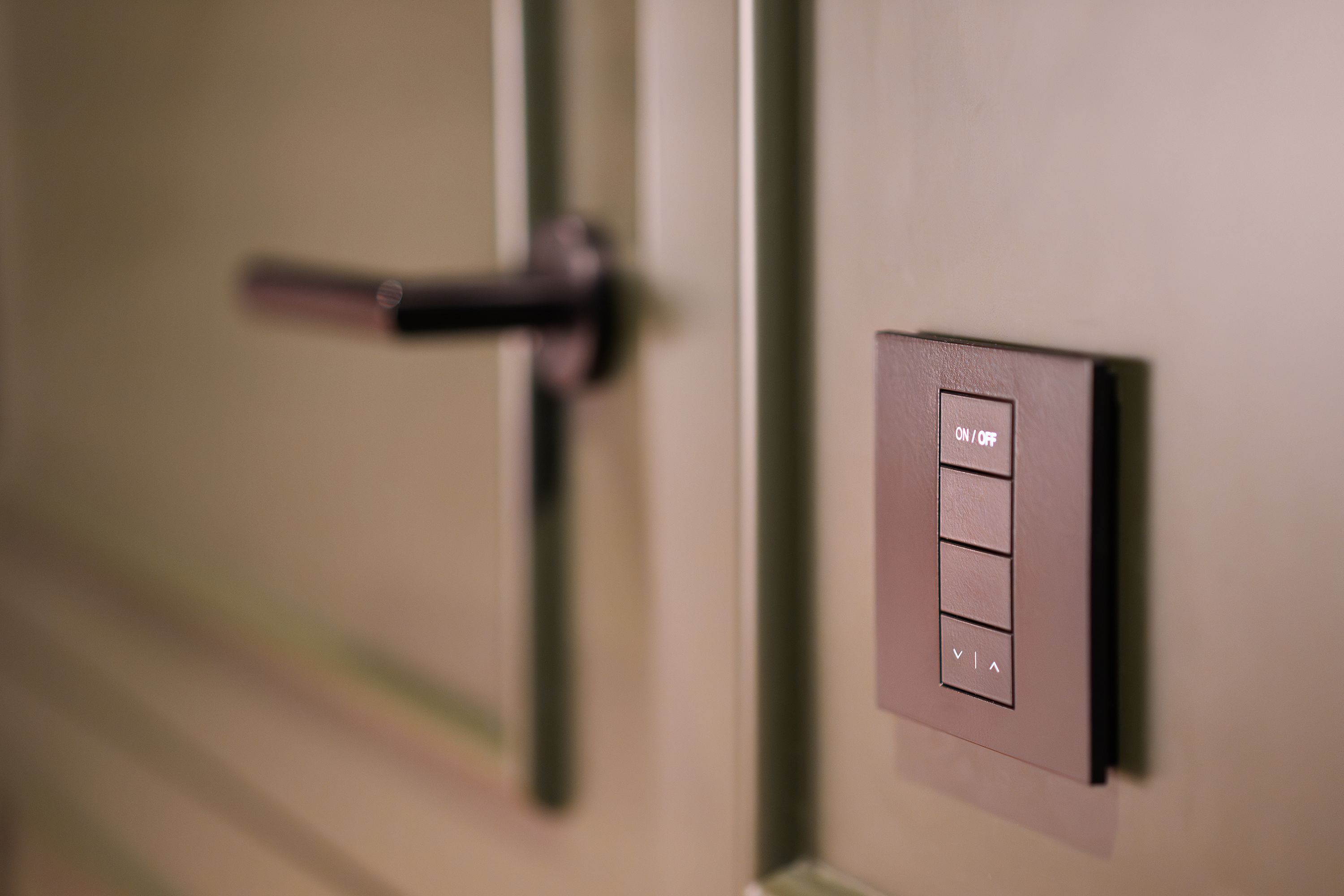 Modern smart home interior with automated lighting control system